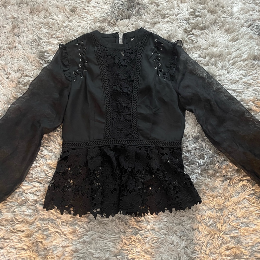 Anthropologie Lulumari Black Embellished Ruffled Long Sleeve Blouse